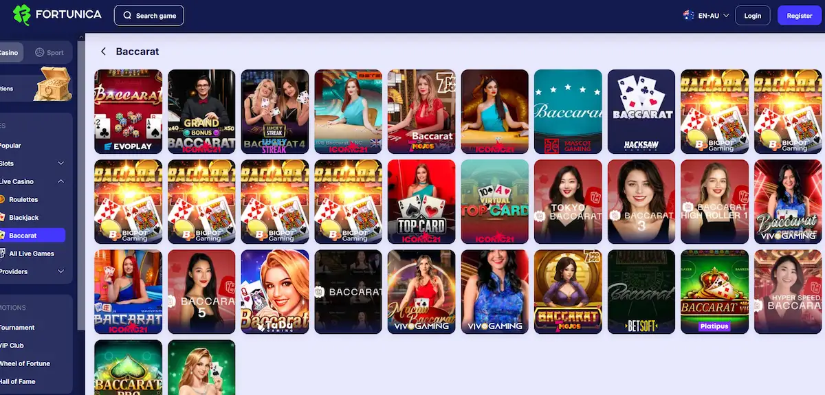 Fortunica live baccarat table streamed by Vivo Gaming
