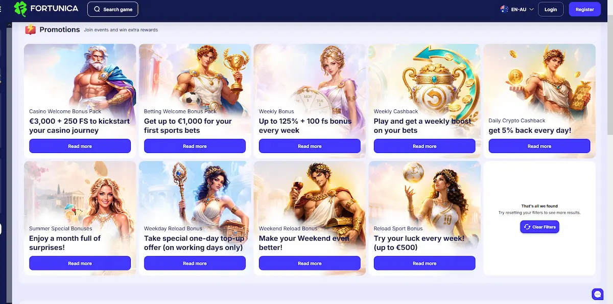 Fortunica bonuses page showing the welcome pack and VIP promotions