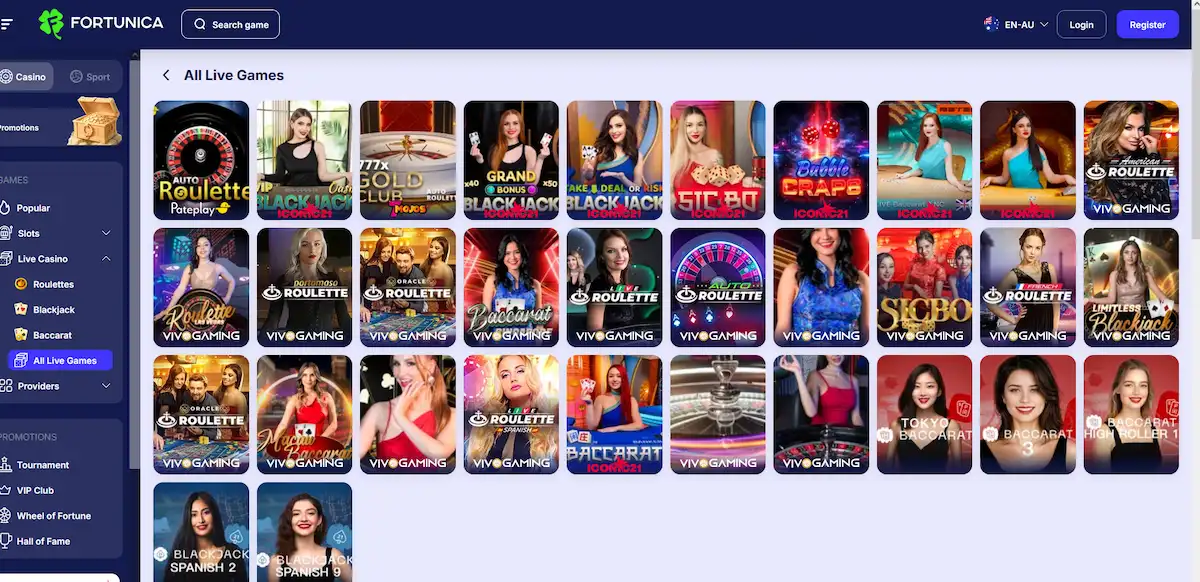 Fortunica live casino lobby with Vivo Gaming dealer tables