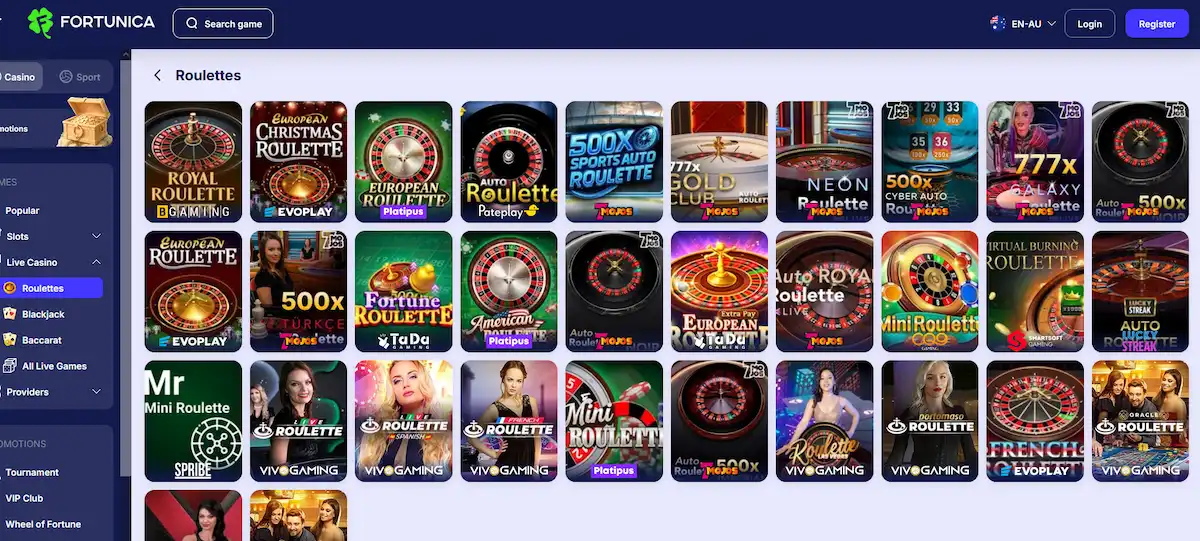 Fortunica live roulette table with betting limits displayed