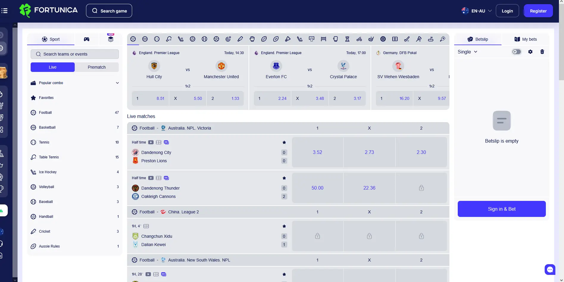 Fortunica sportsbook showing AFL and NRL betting markets